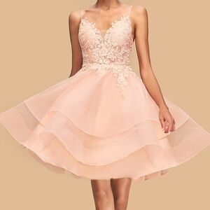 JJ’s House Homecoming Dress Coral Pink Tulle Lace V-Neck A-line